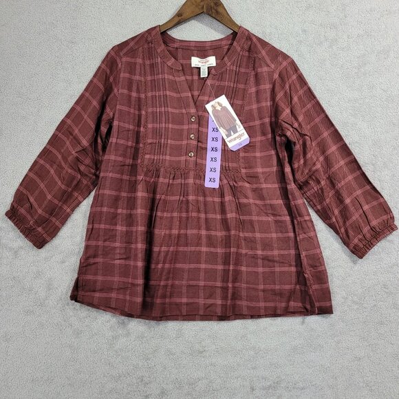 NEW Wrangler Womens XS Plaid V-Neck Button-Front Sleeves Burgundy Lightweight - Picture 3 of 9